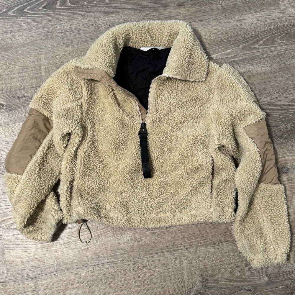 RAINS  Teddy Crop Pullover Brown Fleece Jacket  Unisex Beige Size small